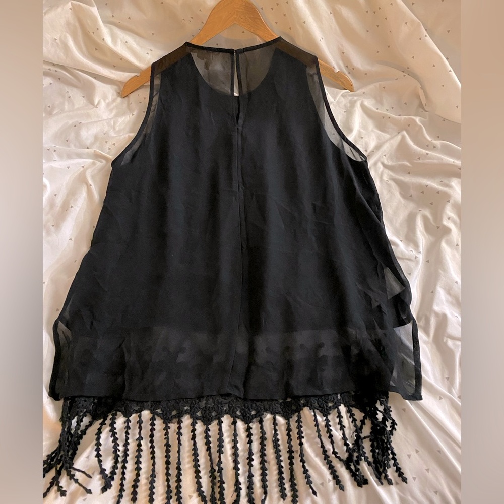 BCBGeneration Black Sleeveless Sheer Top w/Fringe